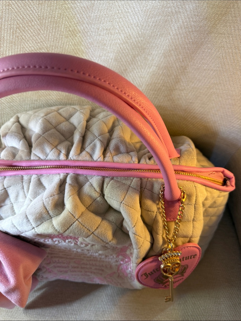 Juicy Couture Pink & Cream Quilted Satchel with Bow Accent - Picture 9 of 16